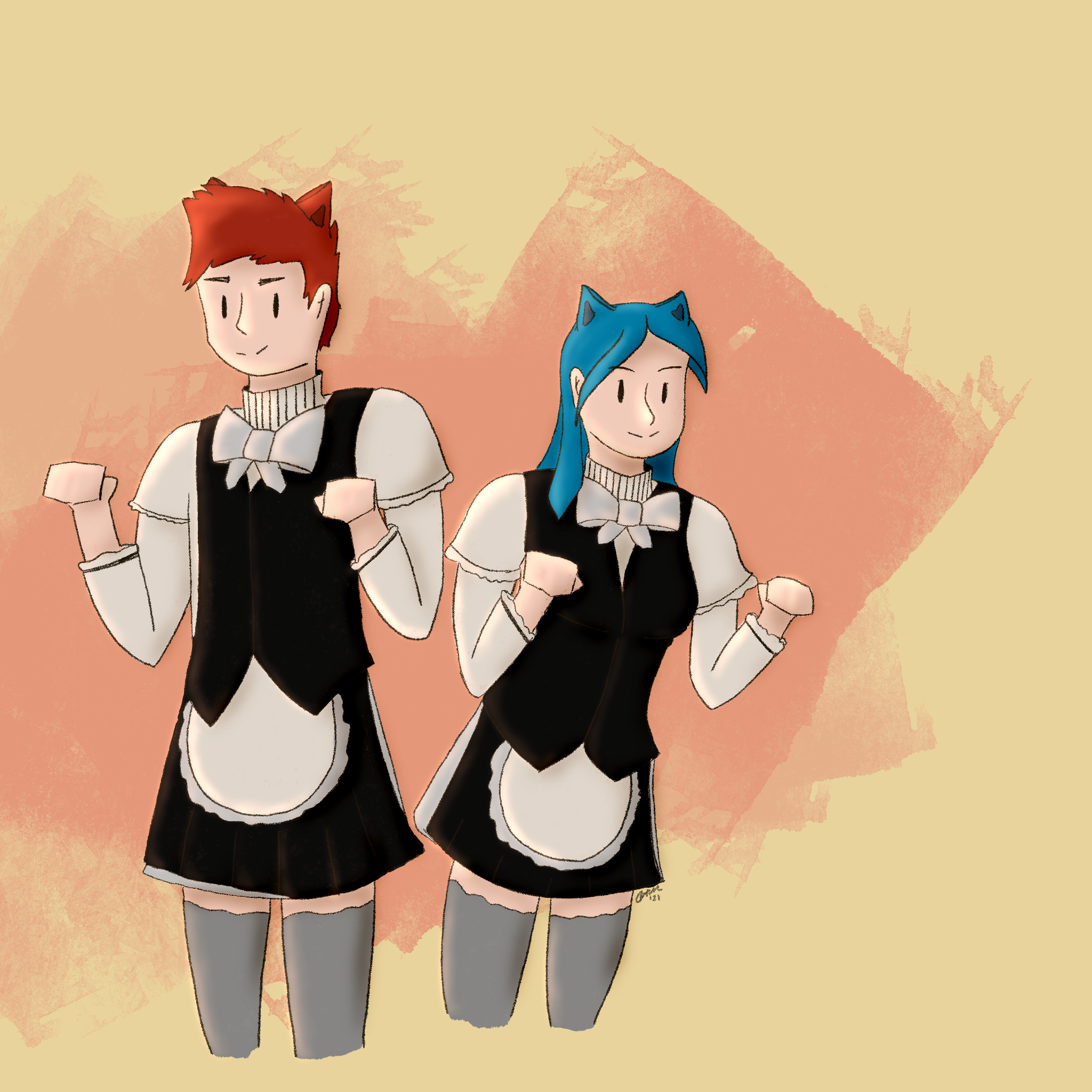 digital painting of friends in maid costumes