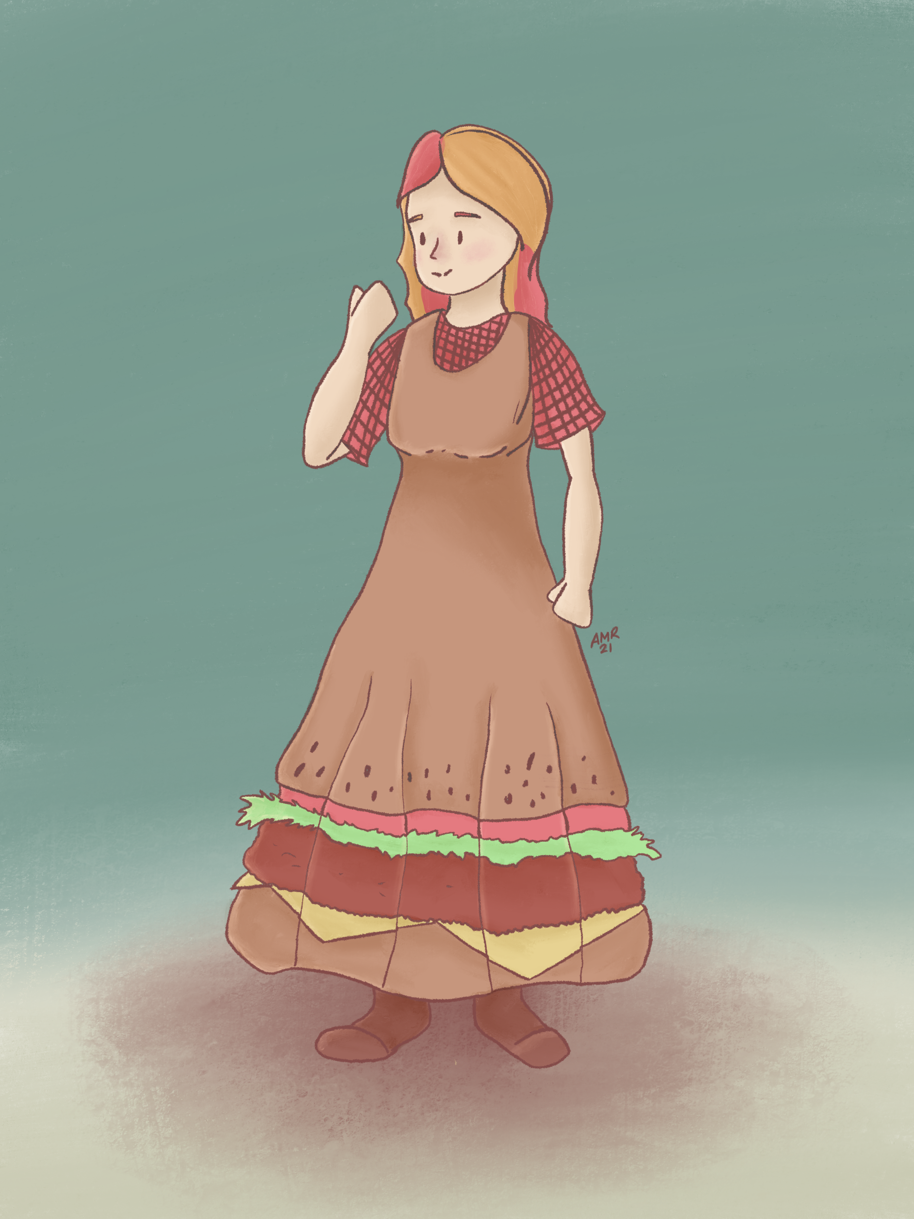 digital painting of girl in a hamburger-styled dress